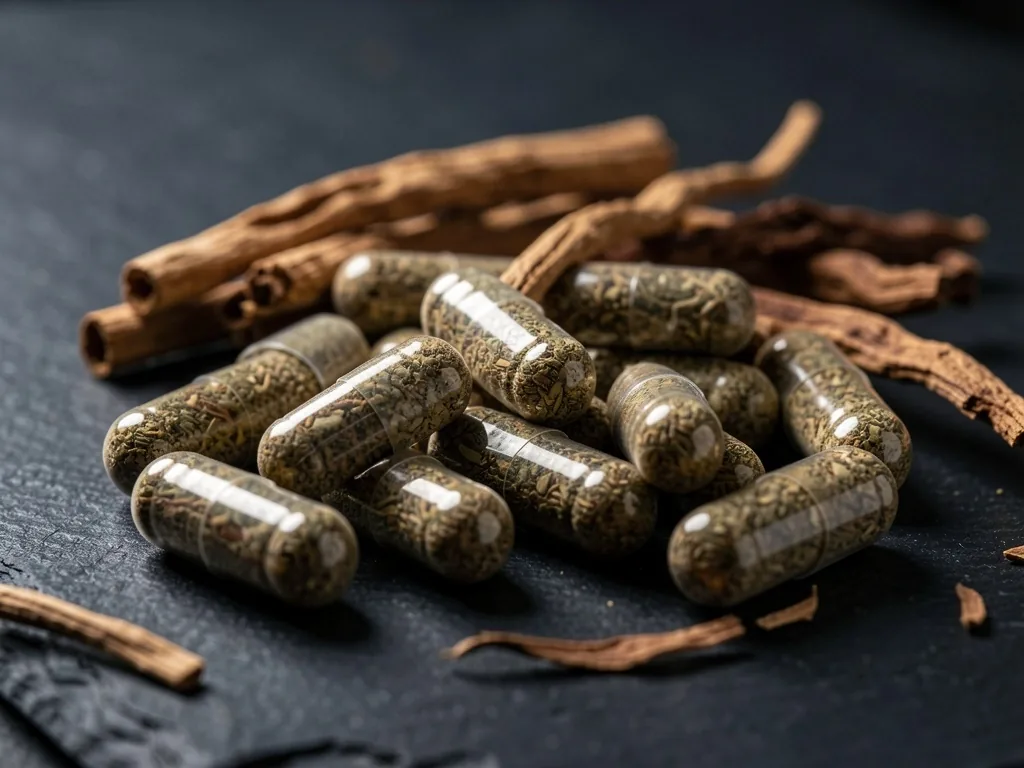 Natural supplement bottles on dark surface