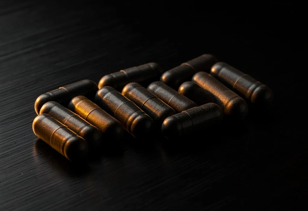 Natural supplement capsules on dark surface