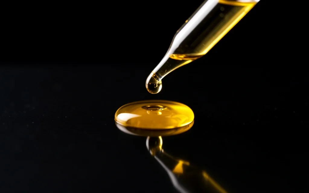 Macro view of a golden supplement oil droplet