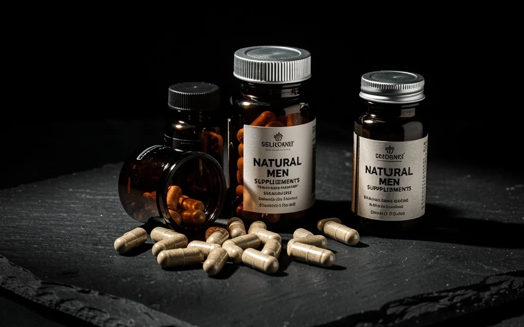 Natural supplement capsules arranged on a dark surface