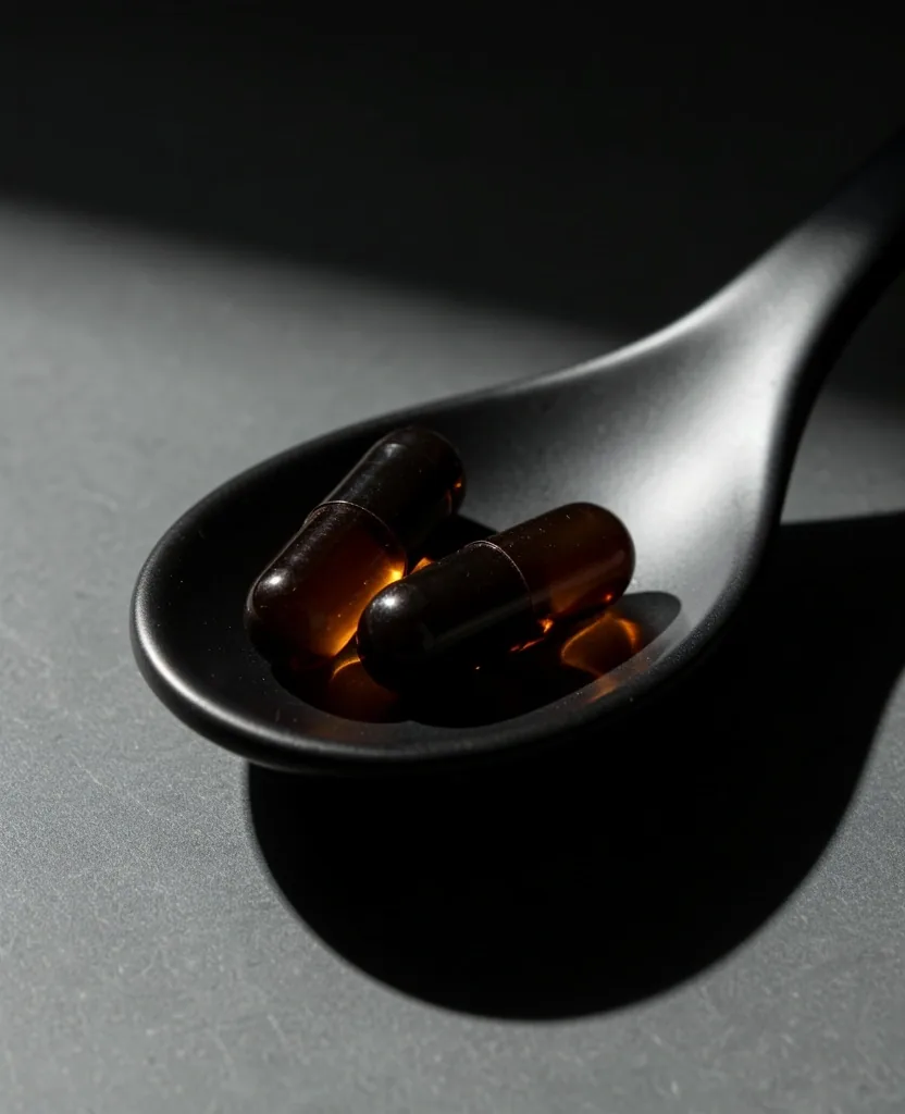 Supplement capsules on a dark ceramic spoon