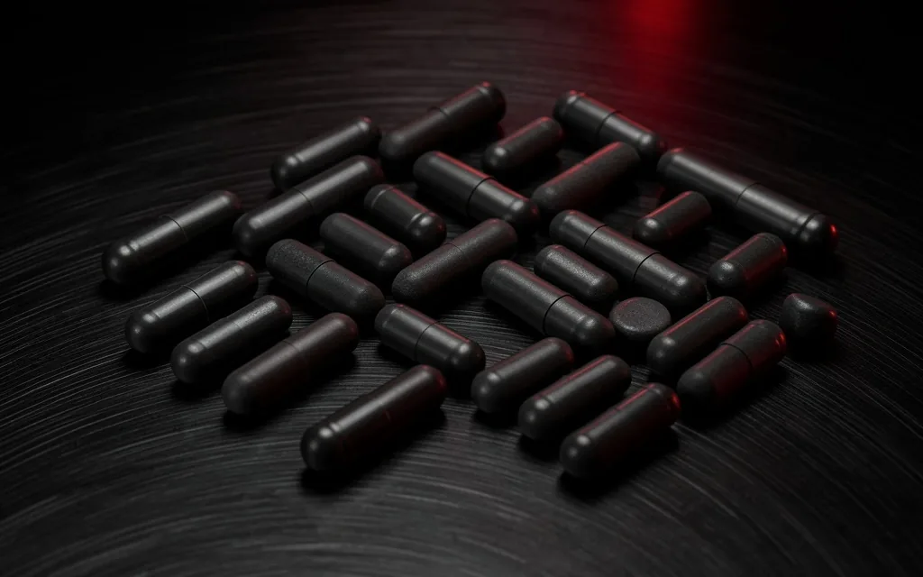 Natural supplement capsules on dark surface