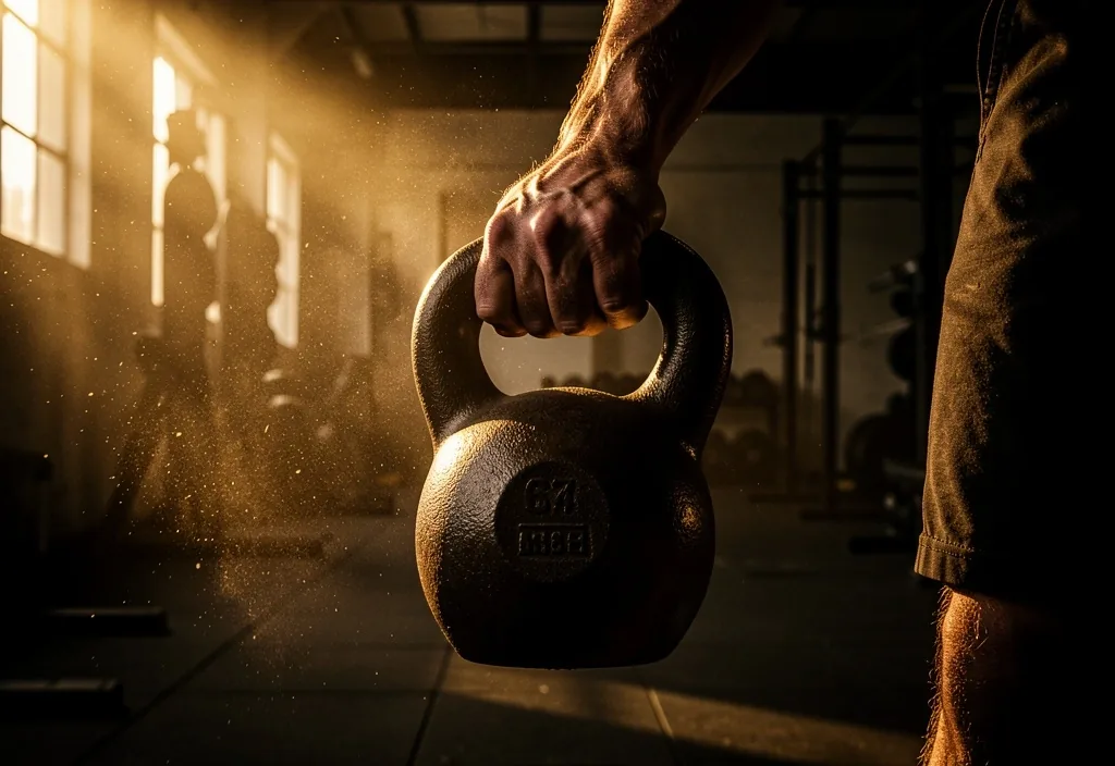 Hand gripping a kettlebell in dramatic light