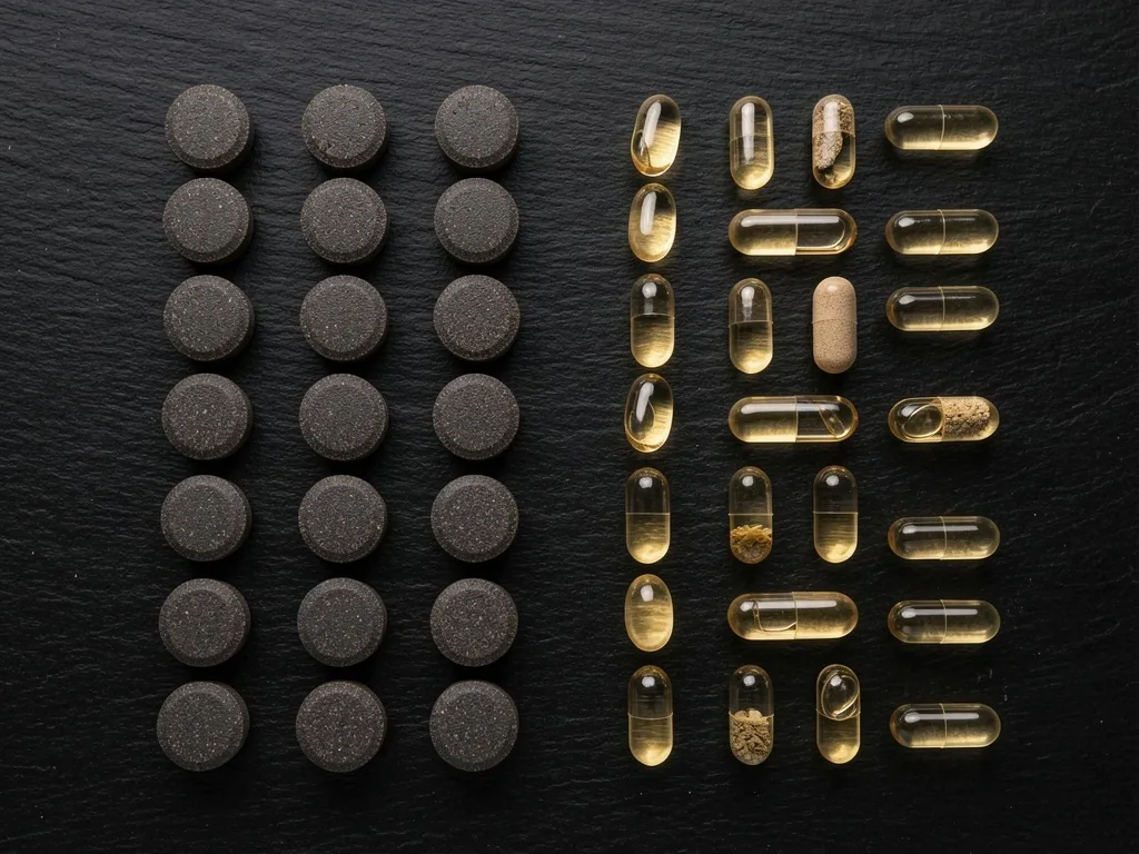 Natural capsules arranged on a dark surface